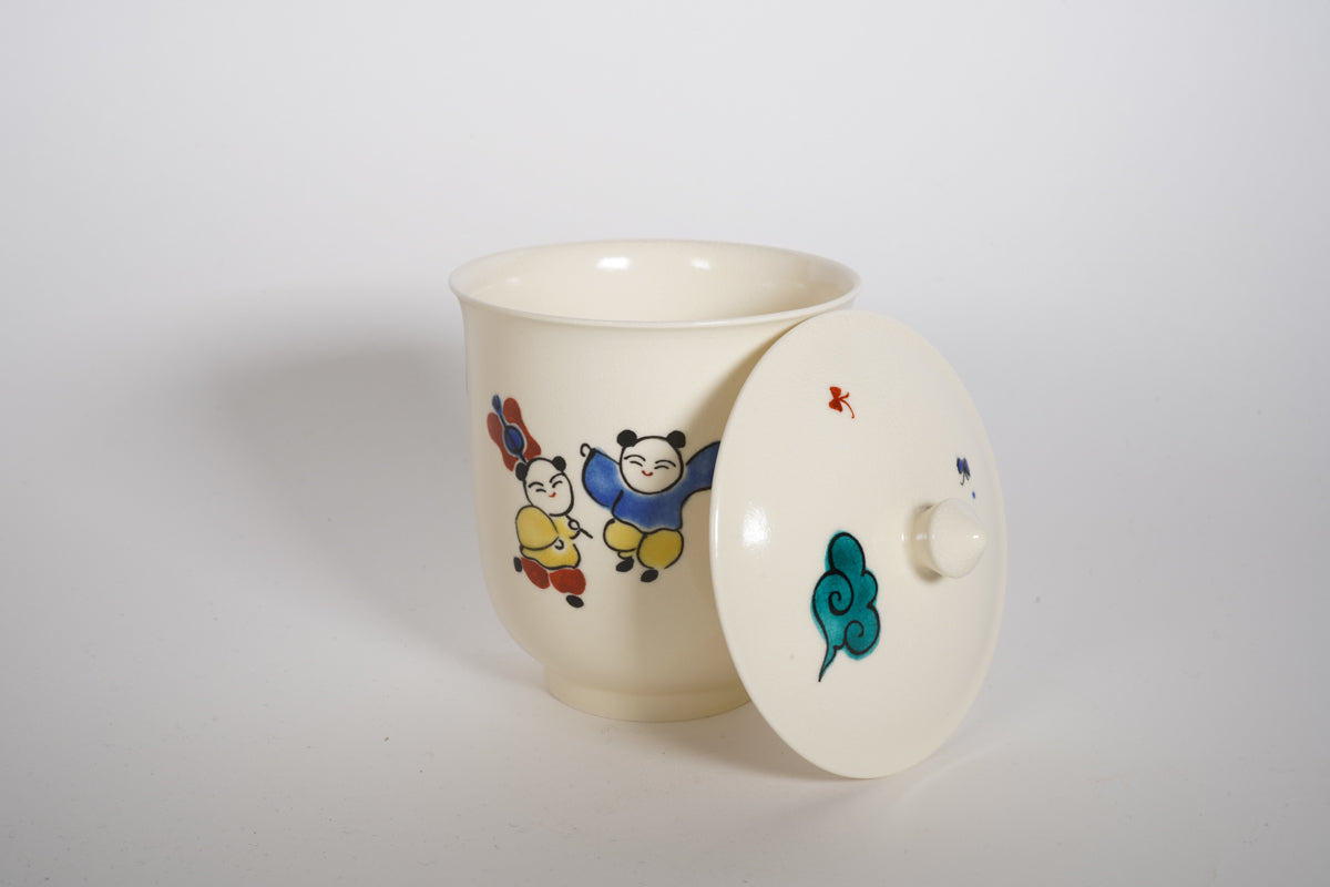 仁清 色絵唐子 蓋付湯呑